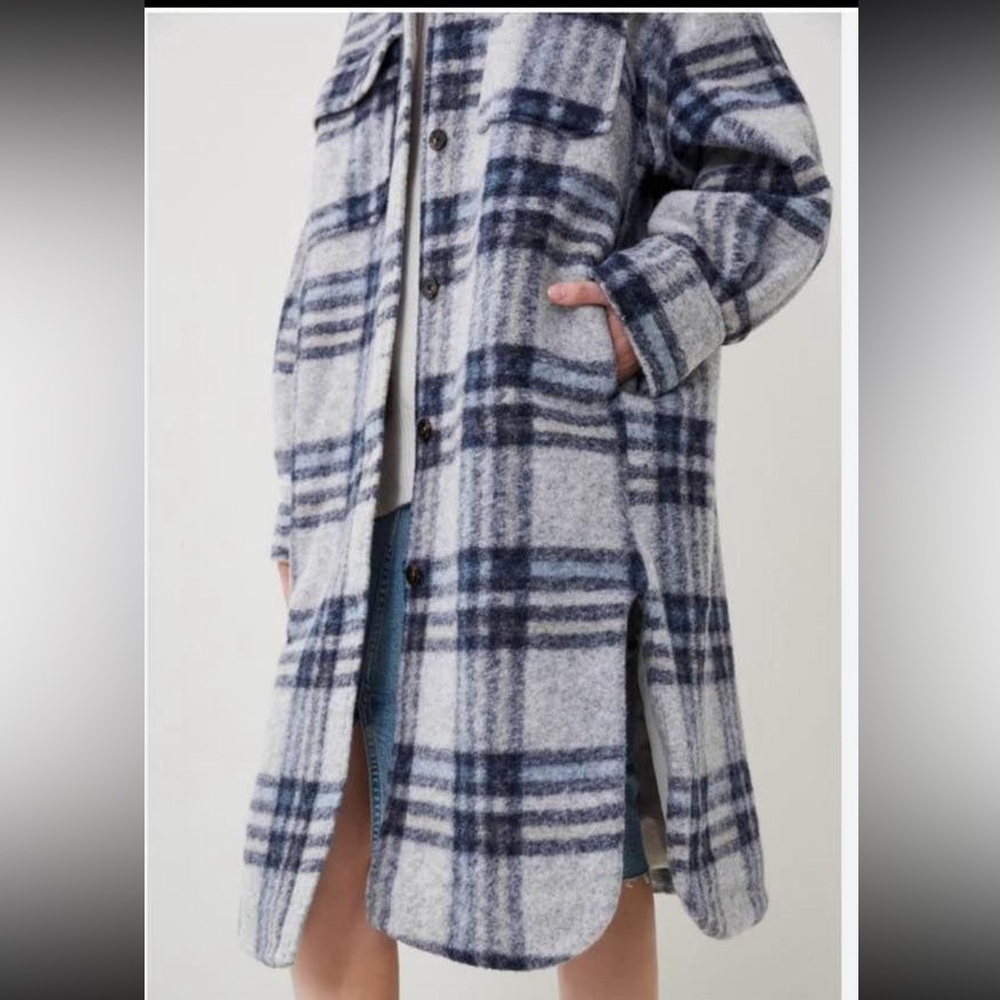 H&M Gray and Blue Plaid Coat